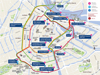 Kaart van Amsterdam hop on hop off canal cruise met de Canal Bus